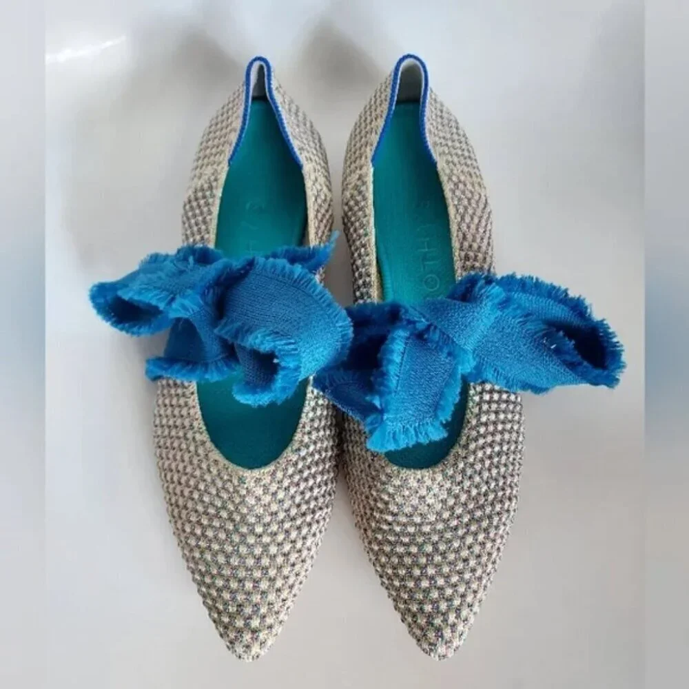 Rothy's Multi Metallic Mary Jane Flats Blue Ribbon Bow Ballet Shoe Pointed Sz 7